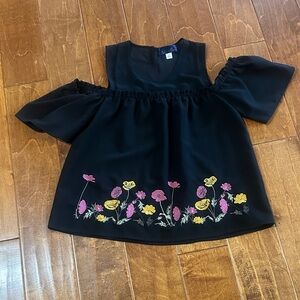 Blue Rain Black Top with Pink and Yellow Floral Embroidery